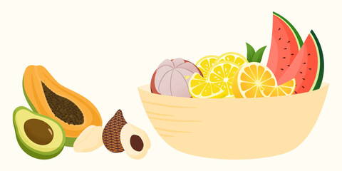 Fruits on bowl. Healthy organic food, various of tropical fruits.