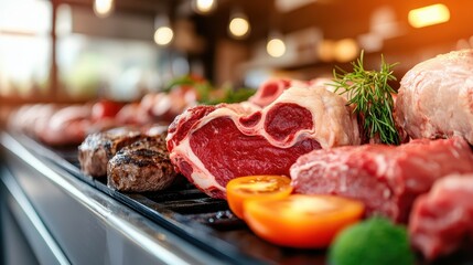 A vibrant display of various fresh meat cuts beautifully arranged, showcasing their rich colors and textures, ideal for grilling or cooking enthusiasts alike.
