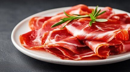 A beautifully arranged plate of thinly sliced jam&oacute;n, elegantly garnished with fresh herbs, showcasing the rich colors and textures of this classic delicacy.