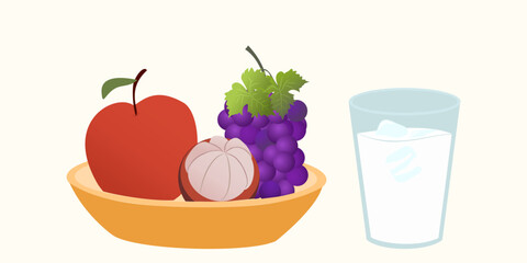Still life with healthy food such as snacks, summer fruits, glass of milk. Composition with meals and healthy drinks isolated on white background.