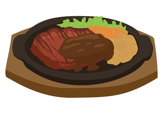 Illustration of steak on an iron plate, equipped with vegetables and mashed potato.