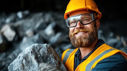 A cheerful construction worker in safety gear holds a rock, showcasing his hard work in a quarry environment, emphasizing safety and determination in labor.
