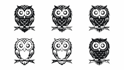 Six stylized owl illustrations perched on branches in black and white vector format design art | eps vectors silhouette
