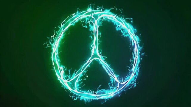 Luminous green peace symbol with crackling energy on dark backdrop
