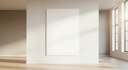 A blank white canvas hangs on a wall in a bright, sunlit room with wooden floors and windows.