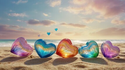 Colorful hearts on a sandy beach at sunset