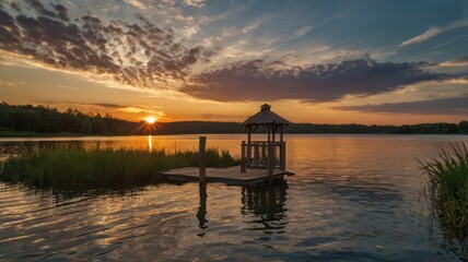 Serene sunset over a lake with a small wooden gazebo