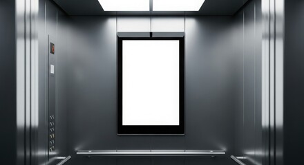 Blank advertising screen inside a modern elevator cabin.