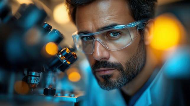Focused scientist analyzing microscopic samples for new medicine discovery, advanced laboratory setting