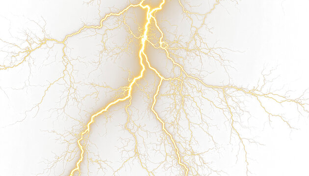 Vertical Yellow Lightning Bolt or Thunderstorm with Multiple Branches Isolated on White Background
