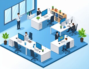 Isometric Office Workspace With Employees