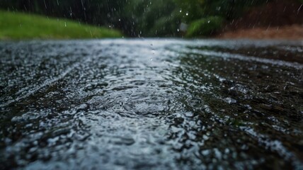 Rain-soaked pavement in a storm