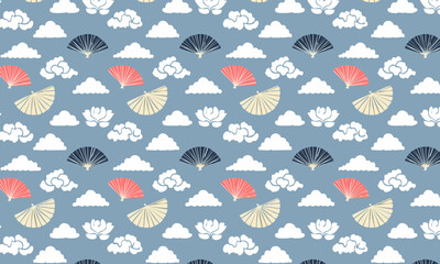 Japanese Style Fan and Cloud Illustration Pattern