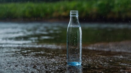 Clear water bottle on a rainy riverbank