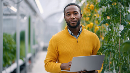 Thinking farmer afro with digital tablet checking sustainable farming growth, progress or preparing farm export order on tech. Serious man, gardener or greenhouse environmental scientist on a rural
