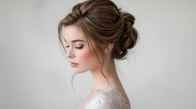 Elegant bride with a soft hairstyle and delicate makeup posing against a neutral background
