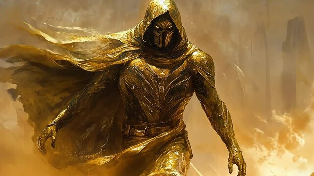 Epic transformation of a golden warrior in a mystical desert landscape during sunset