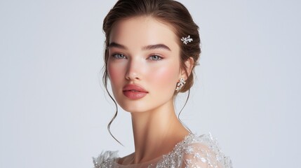 Model showcases elegant bridal makeup and hairstyle for a fashion editorial photoshoot in a studio setting
