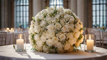 Elegant wedding centerpiece of many white roses