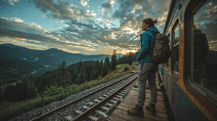 Adventurous hiker standing beside mountain train enjoying scenic alpine landscape
