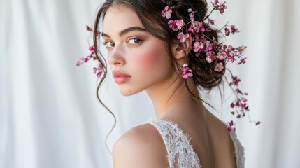 Naklejka premium Young woman with floral hairstyle posing elegantly against a light backdrop in a serene, intimate atmosphere
