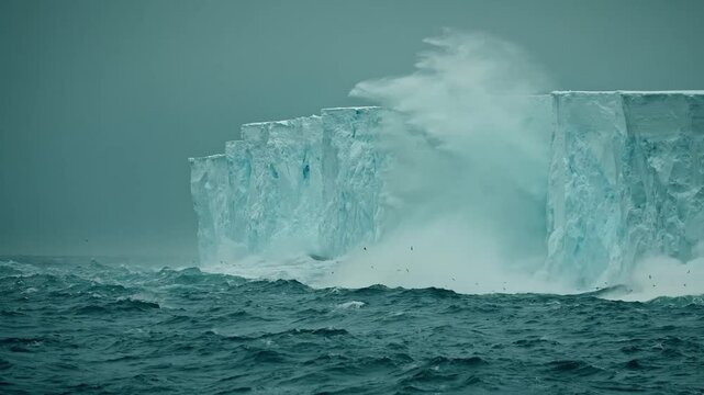 Powerful Waves Crashing Against Massive Ice Wall in Polar Waters
