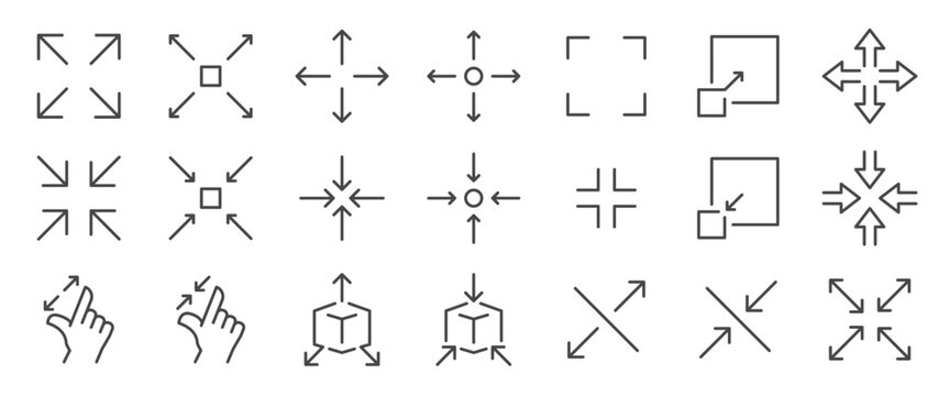 Scale icon set. It included size, minimize, maximize, full screen, windowed, and more icons. Editable Vector Stroke.