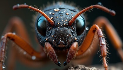 Close-up of an Ant with Water Droplets
