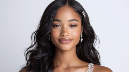 Stunning portrait of a young woman with wavy hair and elegant accessories in a bright studio setting