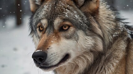 Close-up of a wolf in snowy woods