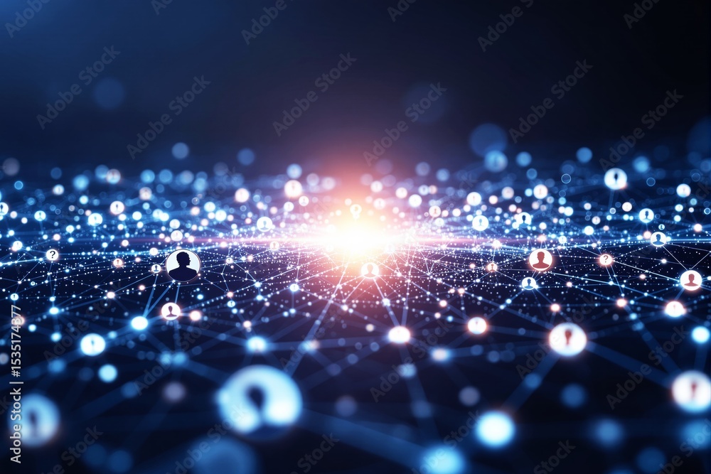 Poster Digital network connections with glowing nodes and user icons on dark background.