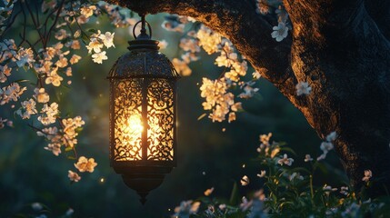 Ornate lantern illuminated in a spring garden.