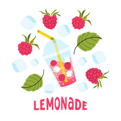 Summer square card with raspberry. Lemonades, berry, ice cube and leaves icon. Bright seasonal white background for cafes, menus, and advertisements. Food and drinks. Vector flat illustration.