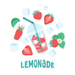 Summer square card with strawberries. Lemonades, berry, ice cube and leaves icon. Bright seasonal white background for cafes, menus, and advertisements. Food and drinks. Vector flat illustration.
