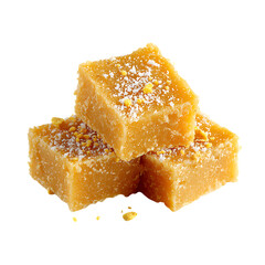 Three Golden Butterscotch Squares Topped with Sugar Crystals isolated on a transparent background fudge