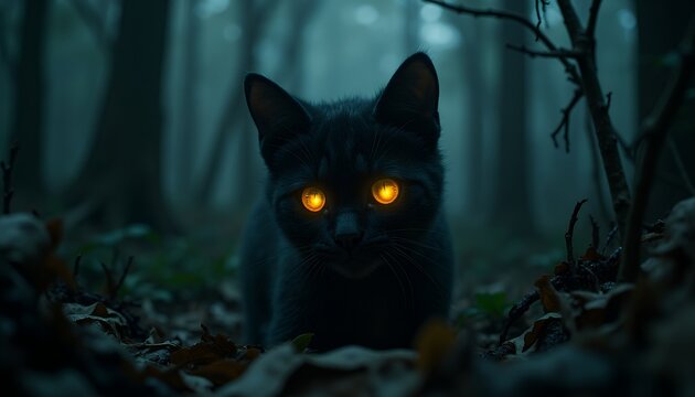 Black Cat Glowing Eyes Forest - Powered by Adobe