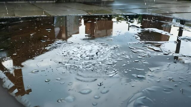 Raindrops collect iron grate puddle reflecting city facades ripples distorting mirrored building cinematic K evoking nostalgia solitude rainy day contemplation