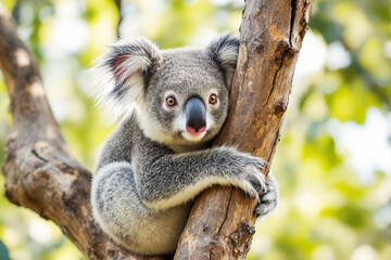 Naklejka premium Cute koala hugging a tree branch in a natural setting.