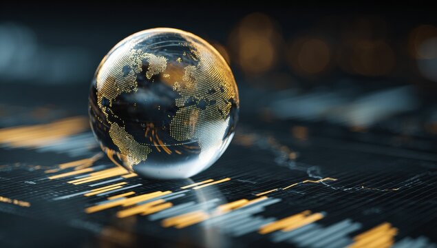 A glass sphere represents a digitalized world, with the world map depicted in glowing dots, symbolizing the connection between technology and the global environment.