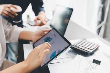 Business meeting, data analytics or women with graph presentation in office. Chart, analysis accounting team brainstorming economy, inflation or solution. business project finance investment concept.