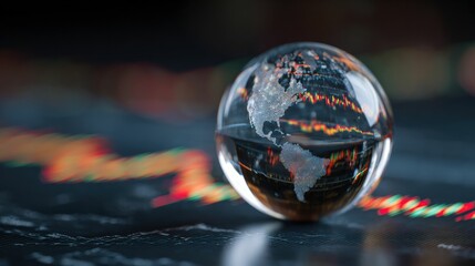 A glass sphere represents a digitalized world, with the world map depicted in glowing dots, symbolizing the connection between technology and the global environment.