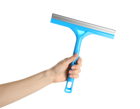Hand holding a blue window squeegee tool.
