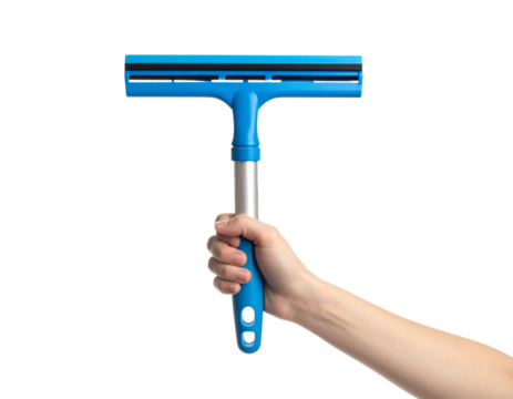 Hand holding a blue window squeegee tool.