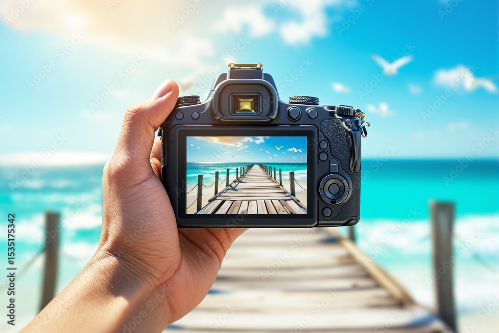 Poster capturing a scenic pier on a camera screen with a blurred ocean background.