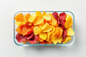 Colorful vegetable chips in a glass container.