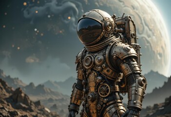 Fototapeta premium A Highly Detailed Steampunk Astronaut Suit Crafted from Brass and Gears, with a Swirling Gas Giant as the Background.