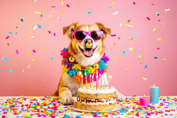Happy dog wearing sunglasses and colorful garland celebrating birthday with cake, candles, and confetti on pink background.