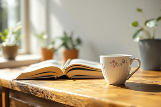 Cozy reading space with open book and floral cup on wooden table.