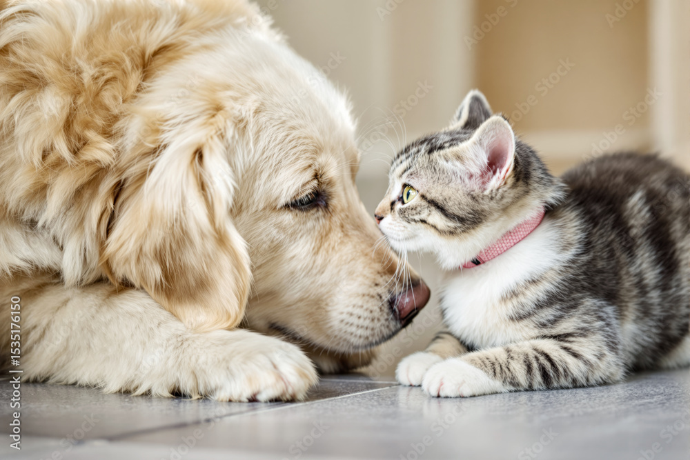Poster golden retriever and kitten lying on the floor touching noses.