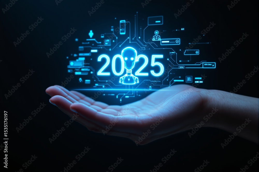 Poster futuristic digital concept of artificial intelligence and technology in 2025.